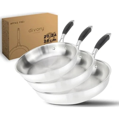 Abbildung von DIVORY Edelstahl Pfanne 20, 24, 28cm PURA Induktion I unbeschichtete Bratpfannen Set für alle Herdarten Induktionspfanne, Ergonomischer Griff, Spülmaschinen geeignet (20, 28cm, Silber)