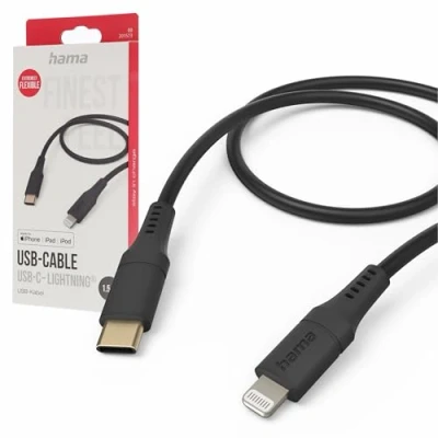Abbildung von Hama Ladekabel „Flexible“ USB C auf Lightning, Silikon, 1,5m (iPhone Ladekabel, Lightning Kabel, iPhone 14 13 12 11 Pro Max Plus mini SE XS XR X 8 7, iPad Air mini, MFI zertifiziert) schwarz
