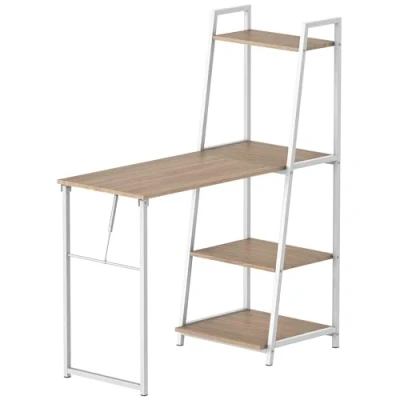 Abbildung von HOMCOM Schreibtisch klappbar mit 4 Tier Bücherregal, Computertisch, Bürotisch, E1 Spanplatte, Metallrahmen, Natur+Weiß, 106 x 48 128 cm