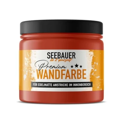 Abbildung von SEEBAUER diy Wandfarbe Rot 300ML für Innen (No. 342 Sun Fire) Edelmatte Innenfarbe Orange Rottöne sehr hohe Deckkraft Matt, Abwaschbar und Tropffrei