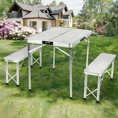 Abbildung von OHMG Picknicktische, Klapptisch Koffer mit 2 Bänken geringem Gewicht dank Aluminiumrahmen, Holzoptik Tragegriffen, Braun, 90 x 60 70 cm