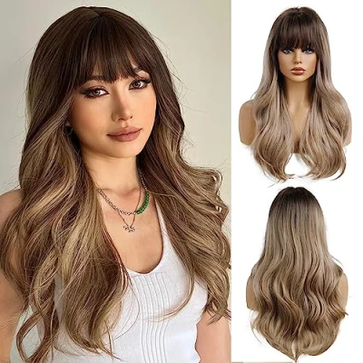 Abbildung von OUFEI Dunkelblonde Perücke mit Pony Synthetische Hitzebeständige Faser Natürliche Lange Welle Ombre Perücken für Frauen Täglich Party Gebrauch