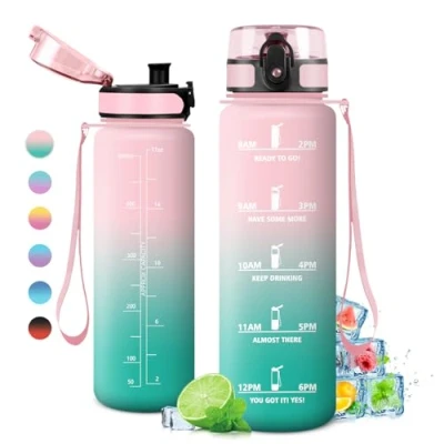 Abbildung von Trinkflasche 1L, Sport Kohlensäure Geeignet, Wasserflasche Auslaufsicher, Fahrrad mit Zeitmarkierung und Filter, für Kinder, Outdoor, Erwachsener, Büro, Sport, Fitness