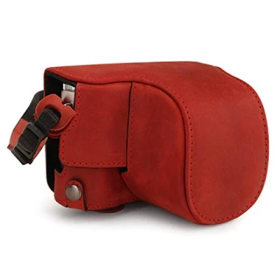 Abbildung von MegaGear MG1699 Ever Ready Kameratasche aus echtem Leder, kompatibel mit Leica D Lux 7, Rot
