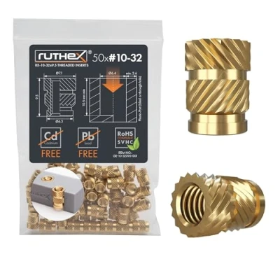 Abbildung von ruthex #10 32 Gewindeeinsatz Zoll (UNC) 50 Stück RX 10 32x9.5 Gewindebuchsen aus Messing stabile Einpressmutter durch Wärme in 3D Druck Teile Kunststoff einsetzbar