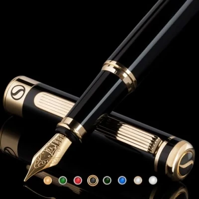 Abbildung von Scriveiner Schwarzer Füllfederhalter Füller Edel mit 24 Karat Gold Finish, Schmidt 18 vergoldete Feder (fein), Bestes Geschenk für Herren und Damen, Manager, Führungskräfte (Schwarzer Lack)
