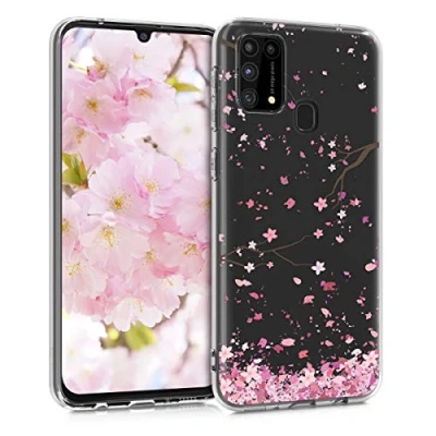 Abbildung von kwmobile Case kompatibel mit Samsung Galaxy M31 Hülle Silikon Transparent Kirschblütenblätter Rosa Dunkelbraun