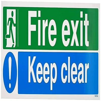 Abbildung von VSafety Schild für Notausgang mit Aufschrift „Fire Exit/Keep Clear“, Querformat,450 x 150 mm, 1 mm dicker Hartkunststoff, englische Version