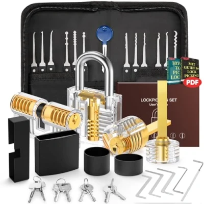 Abbildung von IPSXP Lockpicking Set, 32 Stück Dietrich Set mit 4 Transparentem Trainingsschlössern und Handbuch Das perfekte Lock Pick für Anfänger Profis Schlosser, Schwarz