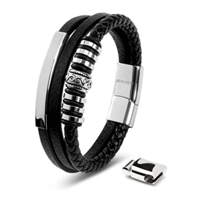 Abbildung von SERASAR Silber Armband 17cm Herrenarmband Männer Leder Armreif Herren Lederband Herrenarmreif Armschmuck Schmuck Armkette Flecht Wickelarmband Kette