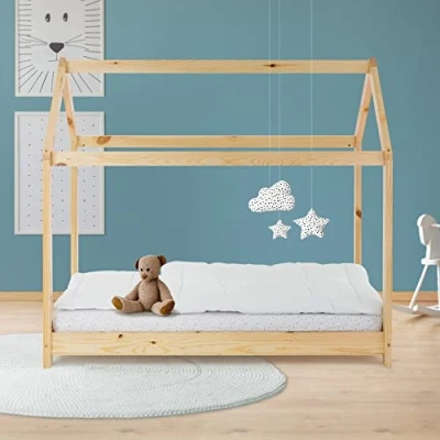 Abbildung von ML DESIGN Kinderbett Hausbett Spielbett inkl. Lattenrost kreativ Bodenbett für Kinder, Abenteuerbett, Haus Bett Himmelbett Kiefer Jugendbett Natur