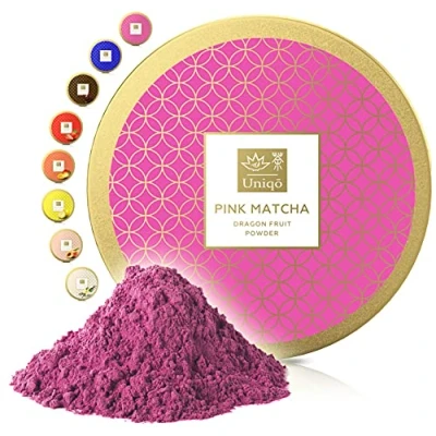 Abbildung von Tea Uniqo Pink Matcha Tee Pulver Ideal für Eis, Latte, Shakes, zum Backen oder Kochen Drachenfrucht Pitaya, 100% natürlich, ohne Zusatzstoffen in wiederverschließbarer Dose