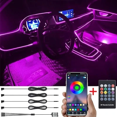 Abbildung von TABEN Auto Umgebungsbeleuchtung Kit 4m Glasfaser 64 Farben RF Fernbedienung + Bluetooth APP Steuerung USB Atmosphäre Licht, DIY 16 Millionen RGB Mehrfarbig Sound Musik Sync Innenbeleuchtung