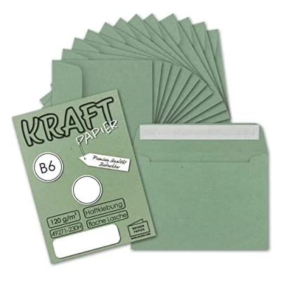 Abbildung von 50x Vintage Umschläge in dunkelgrün (grün) DIN B6 125 x 176 mm 120 g/m² Kraftpapier Recycling Haftklebung GUSTAV NEUSER