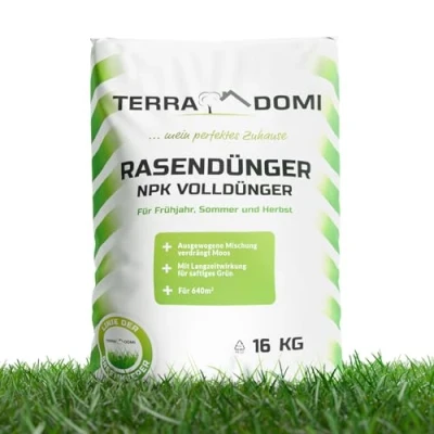 Abbildung von TerraDomi Rasendünger Frühjahr &amp; Sommer 16kg NPK 15 I Volldünger mit Langzeitwirkung verdrängt Moos für über 640 m² Rasen streuwagengeeigneter Dünger staubarm extra Schwefel