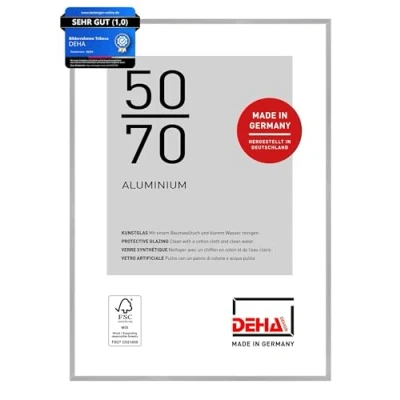 Abbildung von DEHA Design Bilderrahmen, 50 x 70 cm, Aluminium, Silber matt, Posterrahmen zum Aufhängen im Hoch &amp; Querformat, bruchsicheres Kunstglas, Tribeca