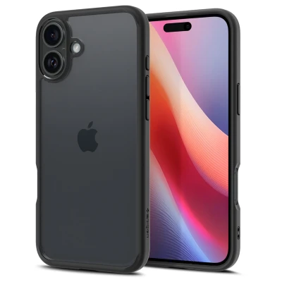 Abbildung von Apple iPhone 16 Hülle Kunststoff Spigen Hard Case/Backcover Handyhülle Schwarz Shockproof/Stoßfest