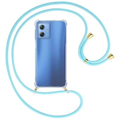 Abbildung von mtb more energy® Handykette kompatibel mit Motorola Moto G54 5G Himmelblau/Goldfarbene Ösen Smartphone Hülle zum Umhängen Anti Shock Full TPU Case