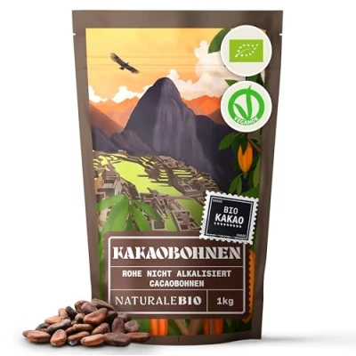 Abbildung von Rohe Kakaobohnen. 1Kg Bio Natürliche und reine Rohkost. Kakao produziert aus der Theobroma Kakaopflanze. NaturaleBio