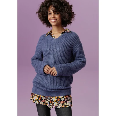 Abbildung von Aniston CASUAL Longpullover, mit fixierten Umschlag an den langen Ärmeln