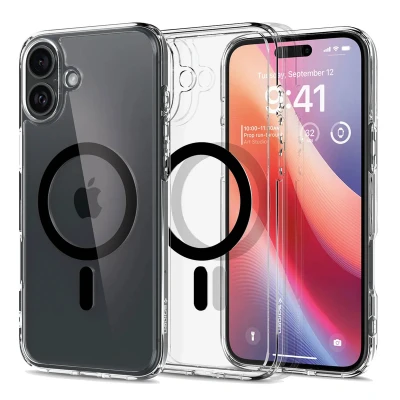 Abbildung von Spigen für iPhone 16 Hülle [Anti Yellowing] Ultra Hybrid MagFit Case Handyhülle Transparent Dünn Slim Kompatibel mit MagSafe Schwarz