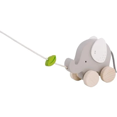 Abbildung von goki 54866 Ziehtier Elefant mit Blatt aus Holz, Nachzieh Spielzeug Tiermotiv, Lernspielzeug inklusive Schnur, Babyspielzeug fördert Koordination und Motorik, 14cm x 7cm 12cm, ab 1 Jahr