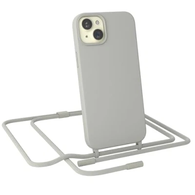 Abbildung von EAZY CASE Handykette kompatibel mit iPhone 15 Plus dünne Handyhülle für Hülle Band als Fallschutz Kette zum Umhängen stoßeste Silikon Mikrofaser in Taupe