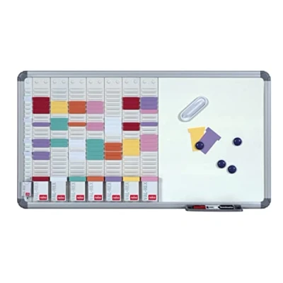 Abbildung von Nobo T Karten Planungsset mit magnetischem Whiteboard, Wandmontage, Stahloberfläche, 8 Spalten &amp; 24 Slots, Größe 2, inkl. Karten, Karteikarten, Whiteboard Stifte, Magnete Radiergummi, 2951400
