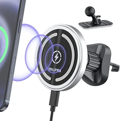 Abbildung von OHLPRO Kompatibel mit iPhone 16 Magsafe Autohalterung Ladefunktion, 15W Schnellladung Kabelloses KFZ Ladegerät für 15 ProMax/15 Pro/15 Plus/14/13/12, Apple Magnet Auto Handyhalter