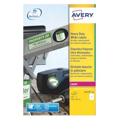 Abbildung von Avery L4775 20 Klebeetiketten, strapazierfähig, 210 x 297 mm, Weiß, Laserdruck
