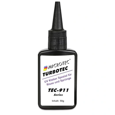 Abbildung von Microtec® Turbotec 911 dünnflüssiger UV Kleber Ausbesserung von Rissen und Sprüngen für Glas/Metall/Kunststoff 50g ohne Taschenlampe lichthärtender transparenter Klebstoff