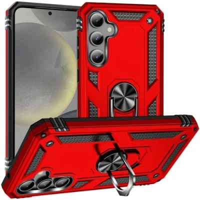 Abbildung von Verco Hybrid Armor Shield Case für Samsung Galaxy S24 FE Hülle, extrem robust mit Magnet Fingerring Halter Handyhülle 5G Panzerhülle, Rot