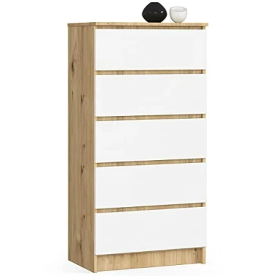 Abbildung von Kommode in Artisan Eiche weiß mit 5 geräumigen Schubladen, 60 cm breit, 121 hoch Schlafzimmer Flur Wohnzimmer Organizer Schubladen Holz Highboard Sideboard Schrank