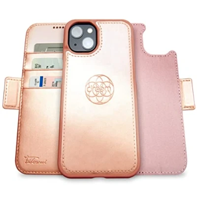 Abbildung von Dreem Fibonacci kompatibel mit iPhone 14 Plus Brieftaschen Etui / 2 in 1 stoßfestes und abnehmbares Folio aus veganem Leder, MagSafe kompatibel, RFID Schutz [Rosa]