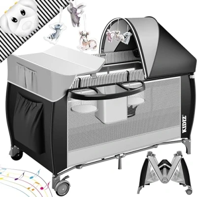 Abbildung von Kidiz® Babybett 3 in 1 Reisebett Kombi Set Baby Bett mit Wickelauflage Moskitonetz Laufstall ab Geburt bis 15 kg luftige Seitenwände Seiteneingang Tragetasche zusammenklappbar (Schwarz)