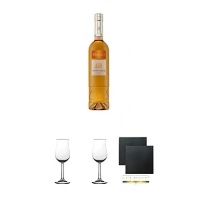 Abbildung von Merlet Creme de Peche Vigne 0,7 Liter + 2 Bugatti Nosing Gläser mit Eichstrich 2cl und 4cl Schiefer Glasuntersetzer eckig ca. 9,5 cm Ø