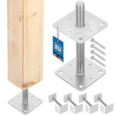 Abbildung von KOTARBAU® 4er Set Pfostenträger 110 mm x 250 Gewinde M24 Verzinkt Stützenfuß Höhenverstellbar Bodenfuß Betonfuß Zum Aufschrauben Regulierbar