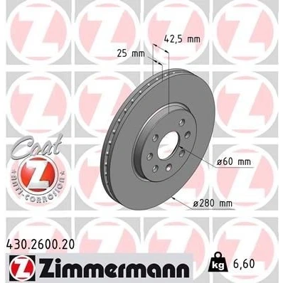Abbildung von ZIMMERMANN COAT Z 430.2600.20 Bremsscheibe 280 25 7/4 4 100 innenbelüftet beschichtet hochgekohlt OPEL: Meriva A, Combo C Kasten / Kombi, Tour