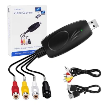 Abbildung von TCNEWCL Video Capture Card USB 2.0 Grabber Überträgt Hi8 VHS auf Digital DVD für Windows 10/Mac, mit AV Verlängerungskabel, EIN Knopf Videorecorder Bearbeiten, Speichern und Brennen