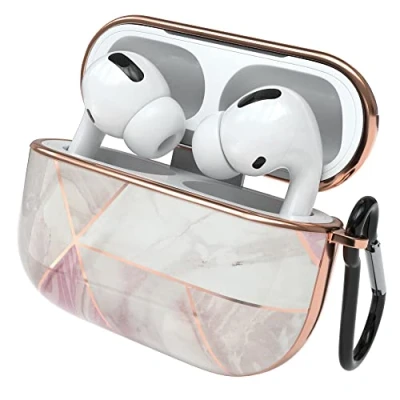 Abbildung von EAZY Case Schutzhülle für AirPods Pro Hülle Pink Hard Stoßfest mit Karabiner geeignet als Schlüsselanhänger Antikratz Etui rutschfest Hardcase Airpod 1. Generation Rosé Marmor Design