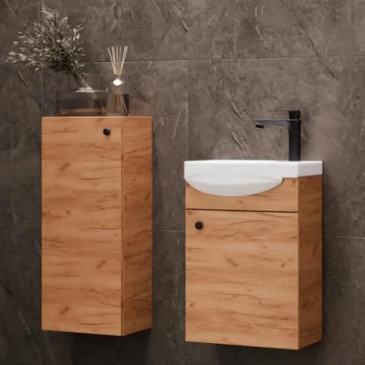 Abbildung von Planetmöbel Badezimmerschrank Midischrank 32 cm schmal mit Badezimmer Waschtisch, Gold Eiche, 3 TLG.