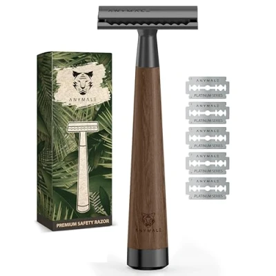 Abbildung von ANYMALE® Rasierhobel aus Walnussholz inklusive 5 ASTRA Klingen Zero Waste Rasierer für Damen und Herren