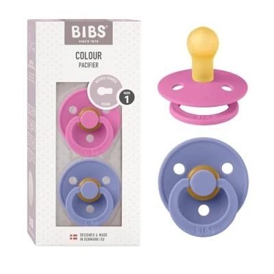 Abbildung von BIBS Colour Schnuller 2er Pack, BPA frei, Kirschform Nippel. Naturkautschuk/Latex, Hergestellt in Dänemark, Größe 1 (0 6 Monate), Bubblegum/Peri