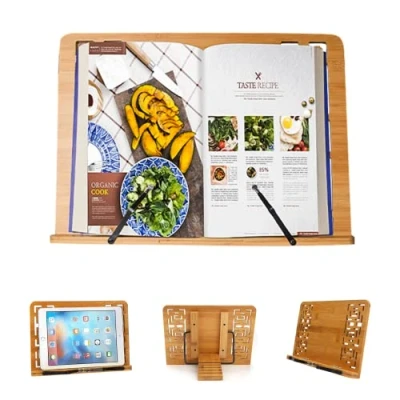 Abbildung von Verstellbare Bambus Kochbuch Halterung mit Seitenhalter. Buchhalter Leseständer Kleine Lese, Musik, Kochbücher, iPads und Tablets.