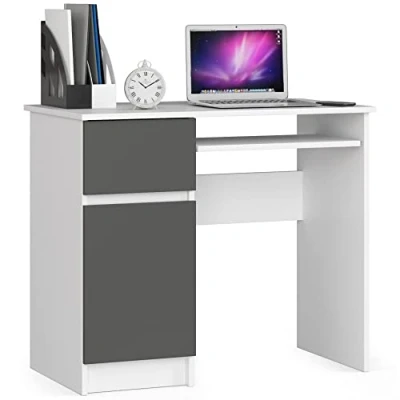 Abbildung von AKORD Piksel Schreibtisch Klein mit Schubladen Computertisch Bürotisch Tastaturablage Schublade und Fach Tür B90 x H77 T50 cm 30 kg Schrank Links Weiß/Graphitgrau