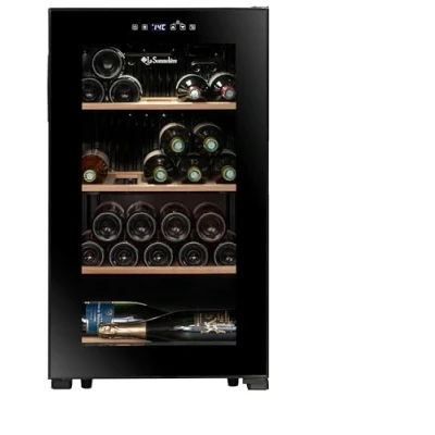 Abbildung von La Sommeliere Weinkühlschrank LS36BLACK, 36 Flaschen, Temperier Servier Weinschrank, Glastür aus UV undurchlässigem Glas, Temperaturbereich von 5C bis 20C, freistehend