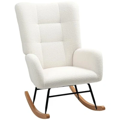 Abbildung von HOMCOM Schaukelstuhl, Schaukelsessel mit Armlehne, Teddysamt Optik, Relaxsessel Holzkufen, Schwingsessel Stillsessel für Schlafzimmer, Wohnzimmer, Cremeweiß