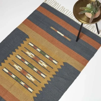 Abbildung von Homescapes Lundi Blue Teppich Jute Baumwolle orange blau 90x150 cm, Fransen handgewebt, Kelim geometrisch
