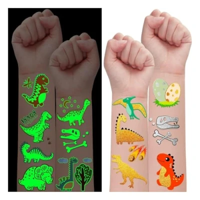 Abbildung von Leesgel Dino Tattoo Kinder, 37 Stile Leuchtend + Metallic Glitzer Aufkleber Kinder Kindertattoos für Geburtstag Deko, Dinosaurier Spielzeug Geburtstagsdeko Jungen Geschenke Party Deko