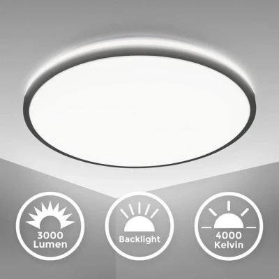 Abbildung von B.K.Licht LED Deckenlampe mit indirektem Licht, neutralweiße Lichtfarbe, 24 Watt, 3000 Lumen, Deckenleuchte, Lampe, Wohnzimmerlampe, Schlafzimmerlampe, Küchenlampe, 38x5 cm, Schwarz